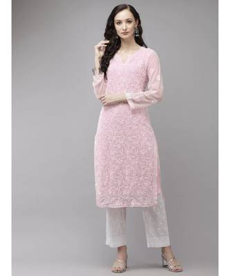 Ada Women Hand Embroidered Pink Georgette Chikan Kurta Set With Slip - A811217 1