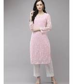 Ada Women Hand Embroidered Pink Georgette Chikan Kurta Set With Slip - A811217
