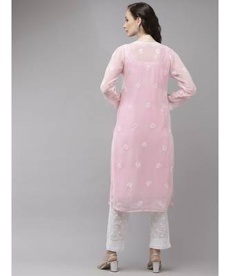 Ada Women Hand Embroidered Pink Georgette Chikan Kurta Set With Slip - A811217 2