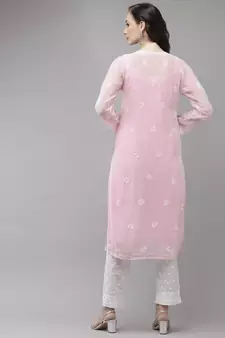 Ada Women Hand Embroidered Pink Georgette Chikan Kurta Set With Slip - A811217