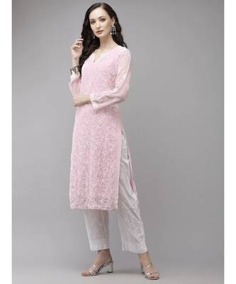 Ada Women Hand Embroidered Pink Georgette Chikan Kurta Set With Slip - A811217 3