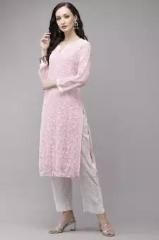 Ada Women Hand Embroidered Pink Georgette Chikan Kurta Set With Slip - A811217