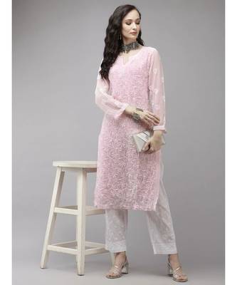 Ada Women Hand Embroidered Pink Georgette Chikan Kurta Set With Slip - A811217 4