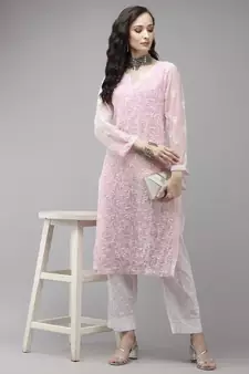 Ada Women Hand Embroidered Pink Georgette Chikan Kurta Set With Slip - A811217