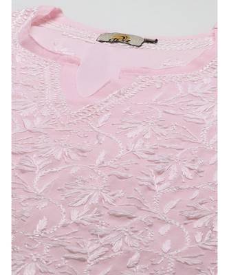 Ada Women Hand Embroidered Pink Georgette Chikan Kurta Set With Slip - A811217 5