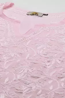 Ada Women Hand Embroidered Pink Georgette Chikan Kurta Set With Slip - A811217