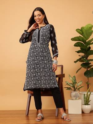 Ada Women Hand Embroidered Black Georgette Chikan Kurta Set - A811147 1