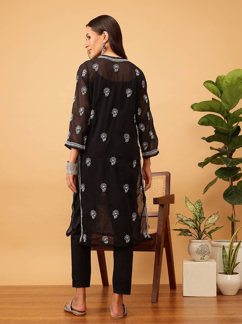 Ada Women Hand Embroidered Black Georgette Chikan Kurta Set - A811147