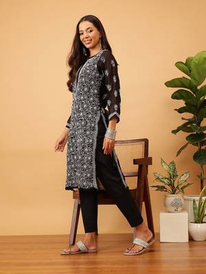 Ada Women Hand Embroidered Black Georgette Chikan Kurta Set - A811147 3