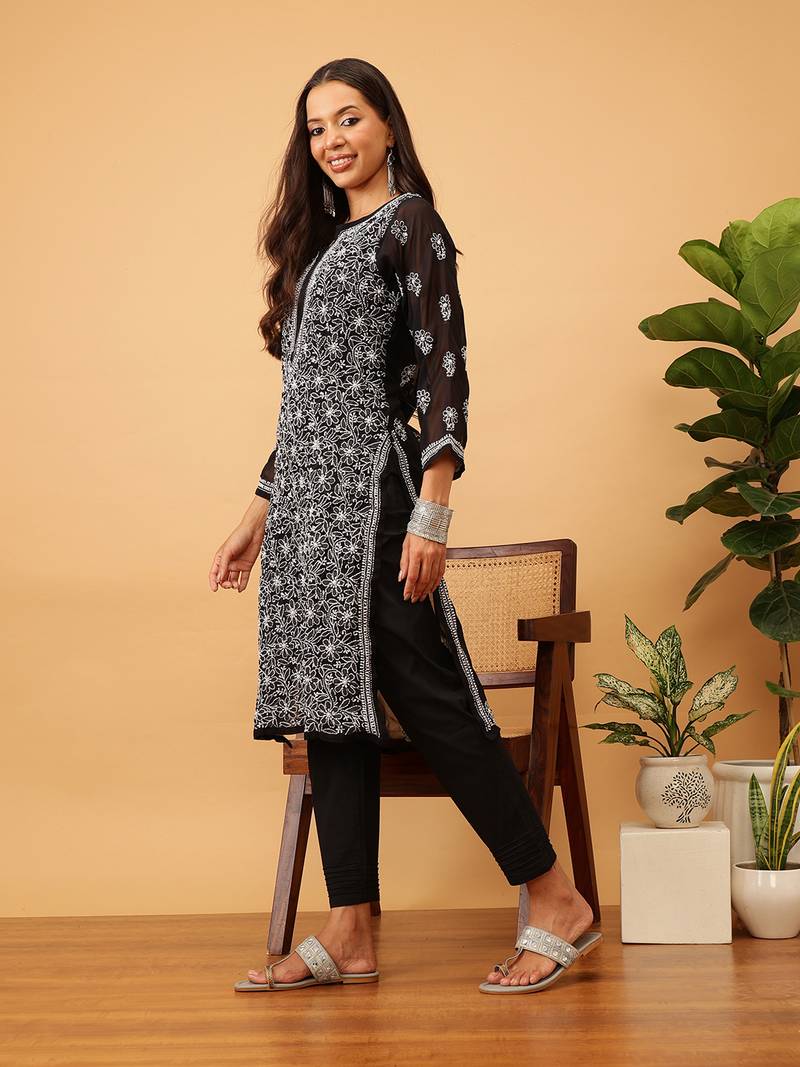 Ada Women Hand Embroidered Black Georgette Chikan Kurta Set - A811147