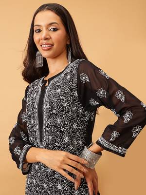 Ada Women Hand Embroidered Black Georgette Chikan Kurta Set - A811147 5