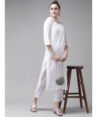 Ada Women Hand Embroidered White Cotton Chikan Kurta Set - A811197 1