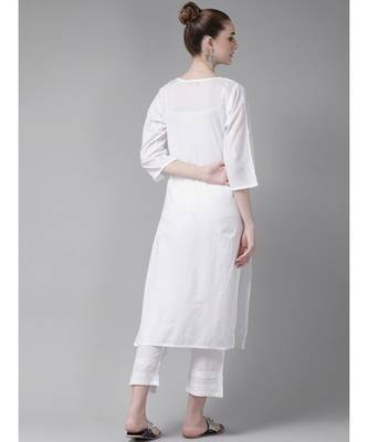 Ada Women Hand Embroidered White Cotton Chikan Kurta Set - A811197 2