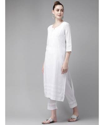 Ada Women Hand Embroidered White Cotton Chikan Kurta Set - A811197 3