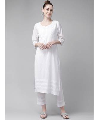 Ada Women Hand Embroidered White Cotton Chikan Kurta Set - A811197 4