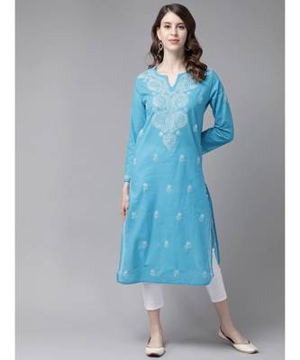 Ada Women Hand Embroidered Blue/White Cotton Chikan Kurta Set - A811190 1