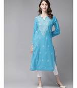 Ada Women Hand Embroidered Blue/White Cotton Chikan Kurta Set - A811190