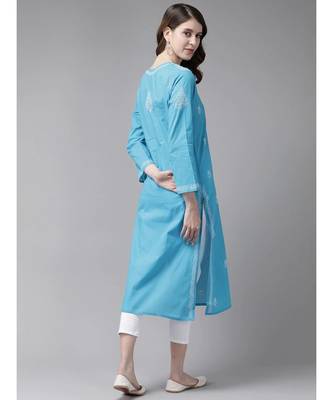 Ada Women Hand Embroidered Blue/White Cotton Chikan Kurta Set - A811190 2