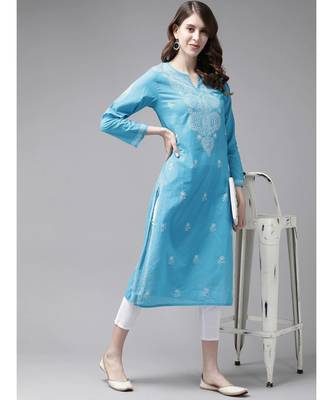Ada Women Hand Embroidered Blue/White Cotton Chikan Kurta Set - A811190 4