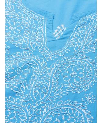 Ada Women Hand Embroidered Blue/White Cotton Chikan Kurta Set - A811190 5