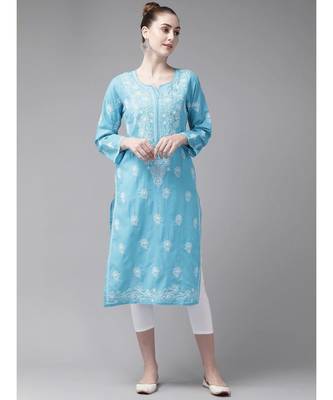 Ada Hand Embroidered Blue/White Cotton Chikan Kurta Set 1