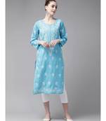 Ada Hand Embroidered Blue/White Cotton Chikan Kurta Set