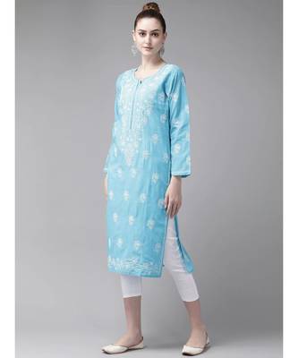 Ada Hand Embroidered Blue/White Cotton Chikan Kurta Set 3