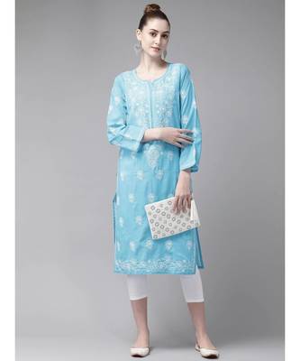 Ada Hand Embroidered Blue/White Cotton Chikan Kurta Set 4