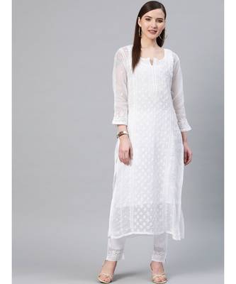 Ada Women Hand Embroidered White Kota Chikan Kurta Set with Slip - A811112 1