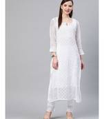 Ada Women Hand Embroidered White Kota Chikan Kurta Set with Slip - A811112