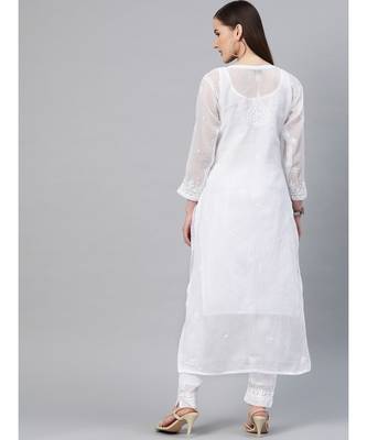 Ada Women Hand Embroidered White Kota Chikan Kurta Set with Slip - A811112 2