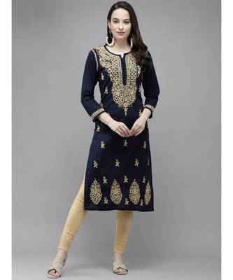 Ada Women Hand Embroidered Navy Blue/Fawn Cotton Chikan Kurta Set - A811208 1