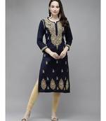 Ada Women Hand Embroidered Navy Blue/Fawn Cotton Chikan Kurta Set - A811208