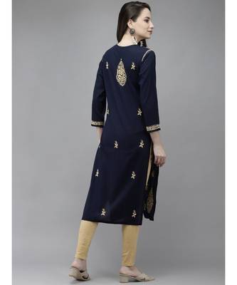 Ada Women Hand Embroidered Navy Blue/Fawn Cotton Chikan Kurta Set - A811208 2