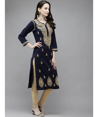 Ada Women Hand Embroidered Navy Blue/Fawn Cotton Chikan Kurta Set - A811208 3