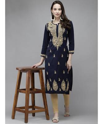 Ada Women Hand Embroidered Navy Blue/Fawn Cotton Chikan Kurta Set - A811208 4