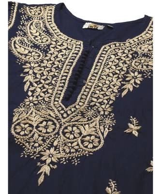 Ada Women Hand Embroidered Navy Blue/Fawn Cotton Chikan Kurta Set - A811208 5