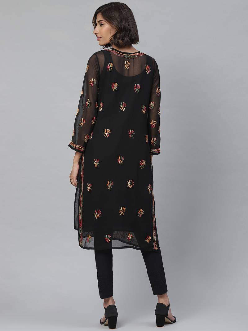 Women Hand Embroidered Black Georgette Chikan Kurta Set with Slip 