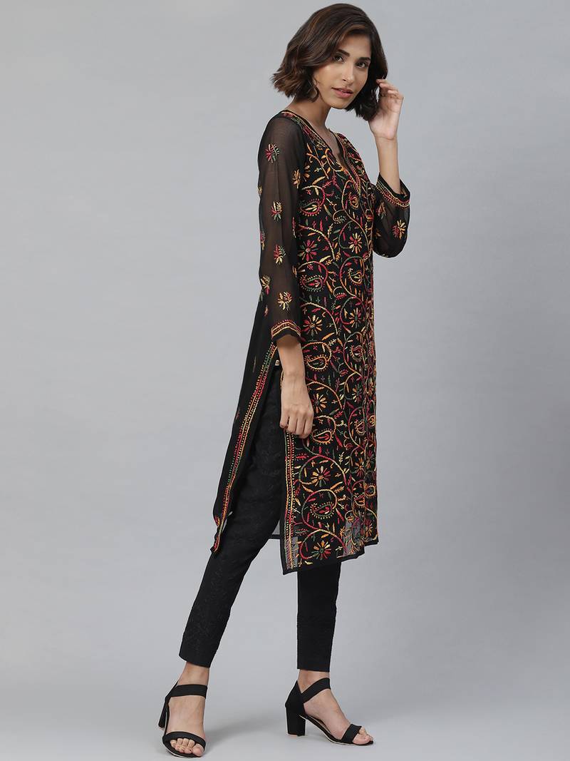 Women Hand Embroidered Black Georgette Chikan Kurta Set with Slip 