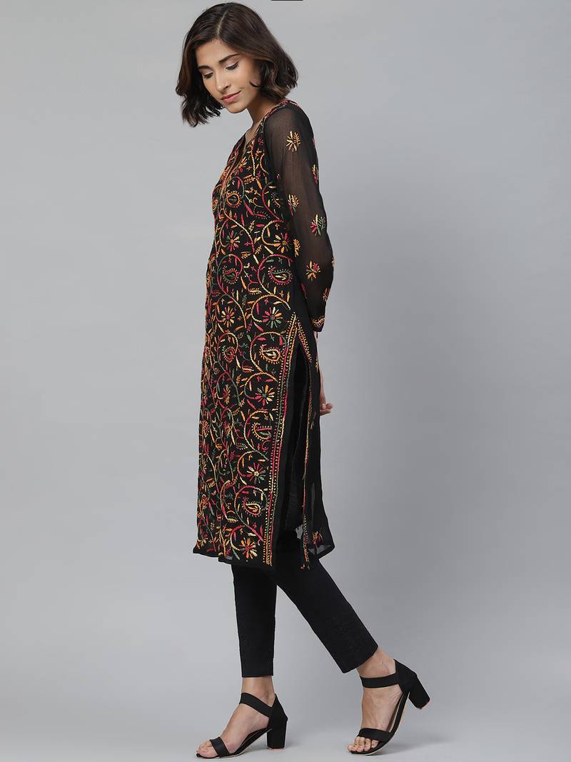 Women Hand Embroidered Black Georgette Chikan Kurta Set with Slip 