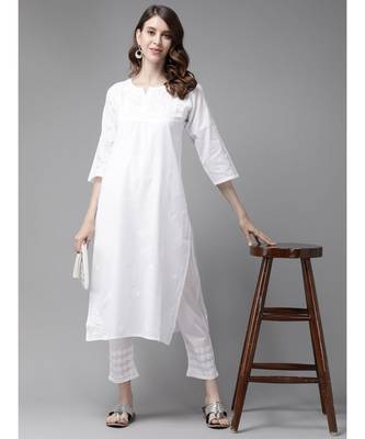 Ada Women Hand Embroidered White Cotton Chikankari Kurta Set - A811198 1