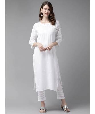 Ada Women Hand Embroidered White Cotton Chikankari Kurta Set - A811198 3