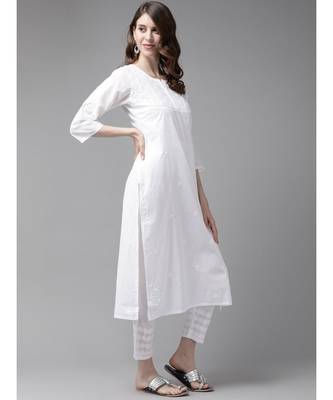 Ada Women Hand Embroidered White Cotton Chikankari Kurta Set - A811198 4