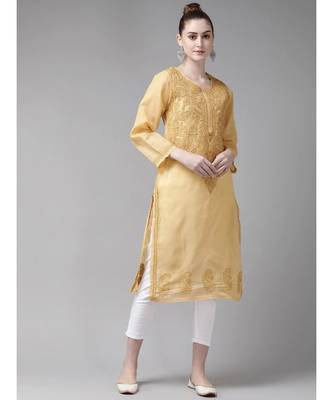 Ada Women Hand Embroidered Fawn/White Cotton Chikan Kurta Set - A811189 1