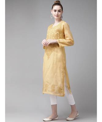 Ada Women Hand Embroidered Fawn/White Cotton Chikan Kurta Set - A811189 3