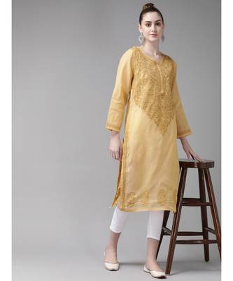 Ada Women Hand Embroidered Fawn/White Cotton Chikan Kurta Set - A811189 4