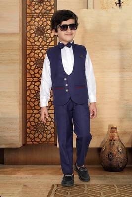 Blue plain cotton silk boys-suit 3