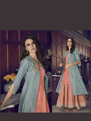 salmon Art Silk semi stitched embroidered top & bottom with dupatta 2