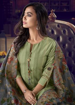 green silk semi stitched embroidered top & bottom with dupatta 1