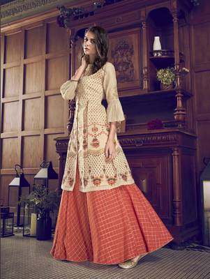 beige Art Silk semi stitched embroidered top & bottom with dupatta 1